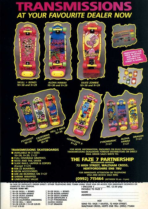 Skateboard History Transmissions Skateboard Advert from R.a.D Magazine Issue 58 1987