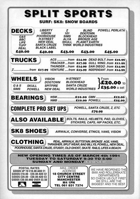 Split Sports Advert – Manchester skateboard shops, 1991 style