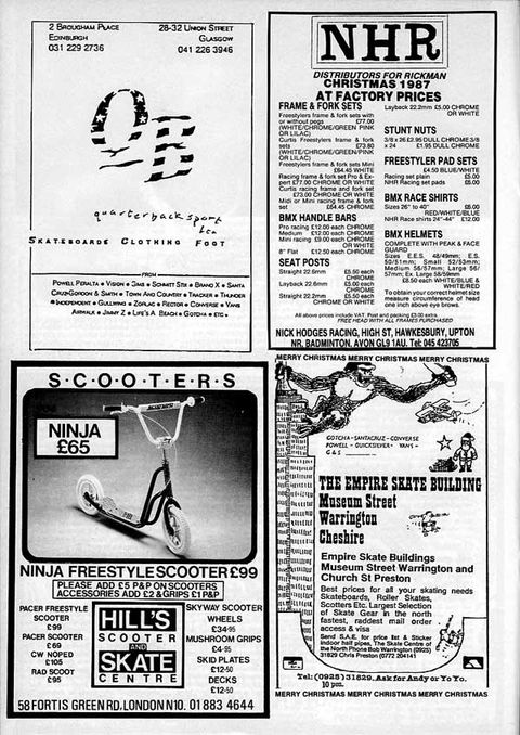 Skateboard History Quaterback, NHR, Hills and Empire Skate Warrington Adverts 1987