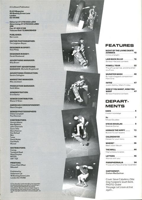 Vintage eighties skateboarding: Powell, Livingston, and Munster. Contents of a issue 67 of R.a.d Magazine, September 1988