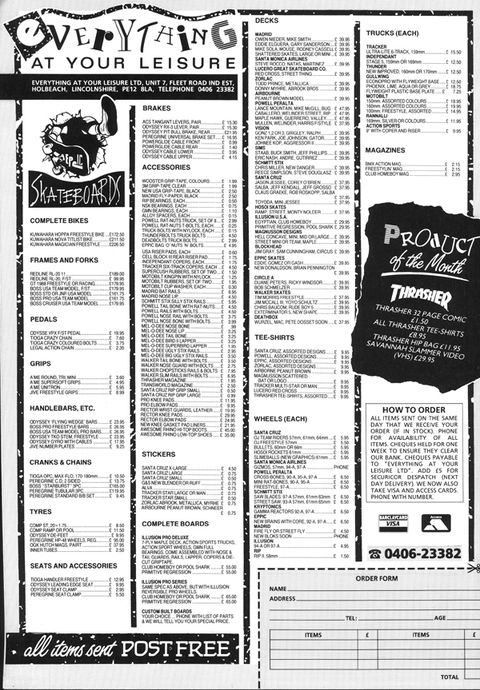 Price List Style BMX and Skateboard Mail Order Advert 1988