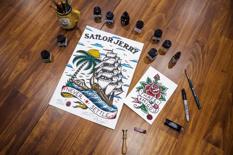 The hand-painted artwork behind the deck, tee and prints by Three Amigos collabs