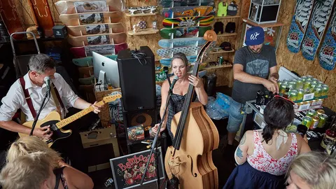 Live music in the shop at the launch by Three Amigos collabs