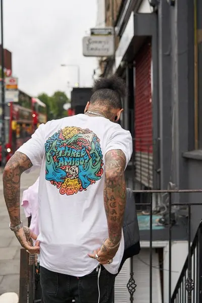 The Tallboy for Sailor Jerry tee, worn on Camden Road by Three Amigos collabs