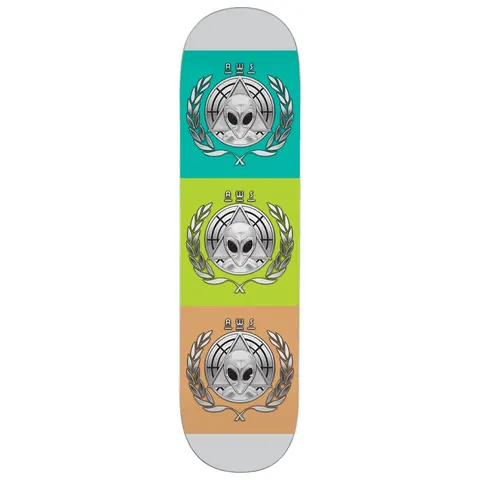Alien Workshop AWOL - Chrome Foil skateboard deck: Grey deck with three stacked colour blocks of teal, lime green and tan, each holding a chrome-foil alien-head crest in a laurel wreath with a triangle and target rings. AWS is printed above each crest.