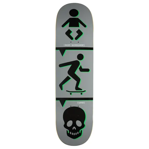 Alien Workshop Lifer - Grey skateboard deck: Three stacked pictogram panels on a grey deck: a baby figure, a person pushing a skateboard, and a skull, divided by black bars with speech-bubble points. Black shapes carry a green offset outline.