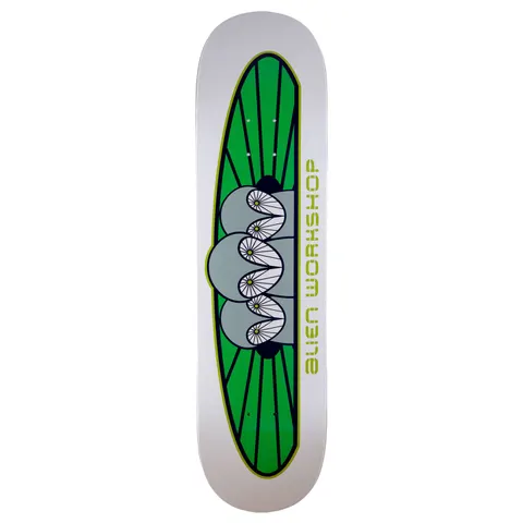 Alien Workshop Owliad skateboard deck: Green elongated oval with radiating black lines holds a stack of grey rounded shapes with white daisy-like spoked centres, on a white deck. Olive Alien Workshop lettering runs vertically along the right.