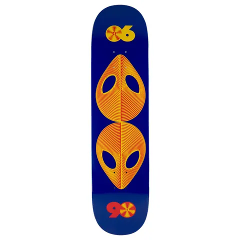 Alien Workshop Scanners Twin Tail skateboard deck: Two alien heads stacked top to bottom, drawn in orange and red concentric lines like vinyl record grooves, on a blue deck. Gold '06' at the top and red '90' at the bottom, each in a record-groove circle.