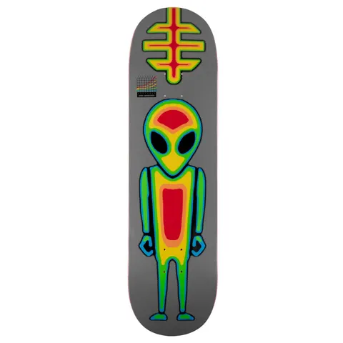 Alien Workshop Thermal Soldier skateboard deck: Standing alien figure rendered as a thermal-camera heat map in red, yellow, green and blue, beneath a similar heat-map version of the Workshop symbol, with a small grid logo, on grey.