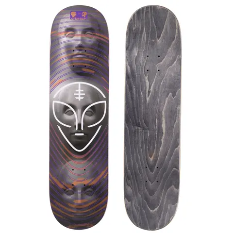 Alien Workshop OBrien Watcher skateboard deck: A grey stone-like face inside a white outlined alien head logo, repeated as fainter faces above and below, surrounded by concentric purple, pink and orange ripple lines. A small O'Brien name badge sits at the top.