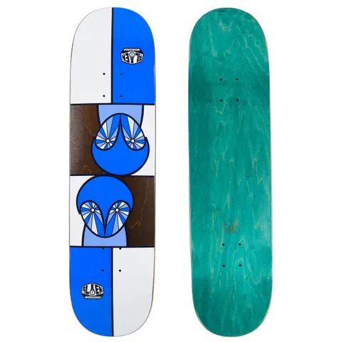 Alien Workshop Owlien skateboard deck: A symmetrical owl-alien face repeated top and bottom in blue, with radiating sunburst eyes, set against white, blue and brown wood panels. Alien Workshop logos at each end; the bottom side is shown in teal stain.