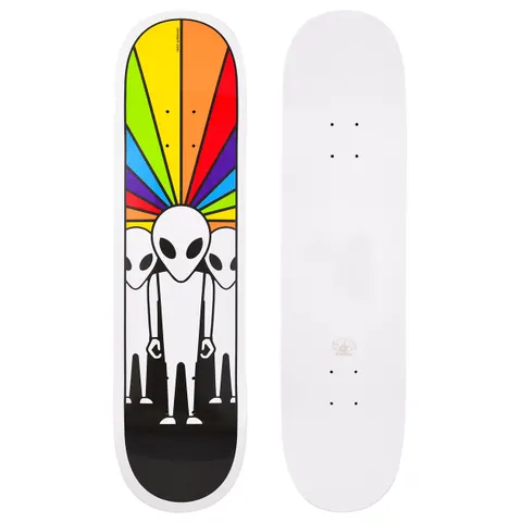 Alien Workshop Spectrum Salute skateboard deck: White deck with a rainbow fan of coloured rays at the nose and three white Alien Workshop aliens standing in a row below, arms hanging, on a black base. Fine rider text is printed along the top.