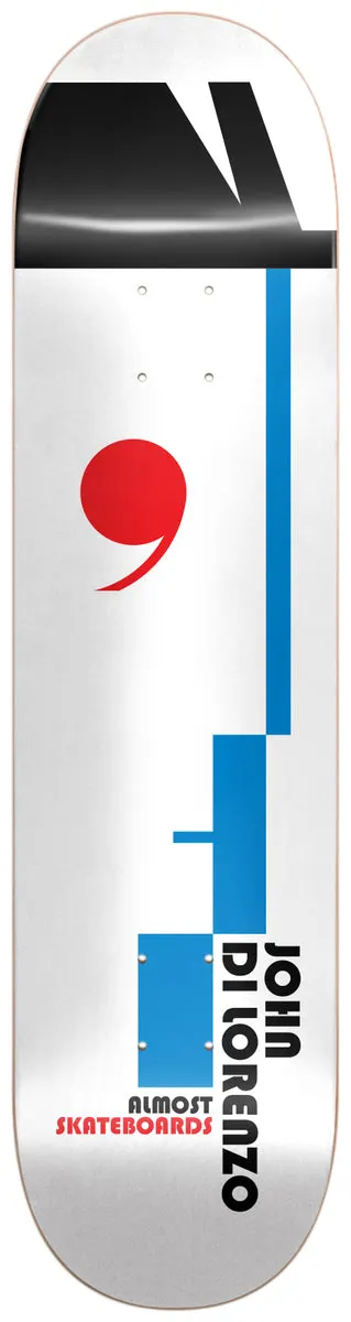 Almost Dilo Bauhaus Impact Pro Light 8.5 skateboard deck: Bauhaus-inspired geometric composition on white: a black shape at the top, blue vertical bars and blocks, and a red comma-like shape at left. Black 'John Di Lorenzo' text and red Almost Skateboards logo sit at the bottom.