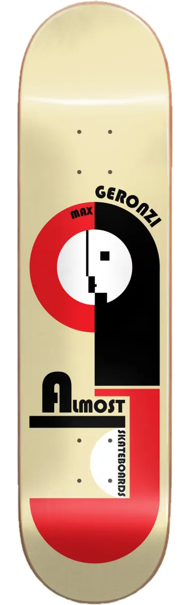 Almost Max Bauhaus Impact Pro Light 8.25 skateboard deck: Bauhaus-style geometric layout of red circles, black bars and a stylised profile face in black and white, with the Almost logo in a black block at lower left, on a cream ground.