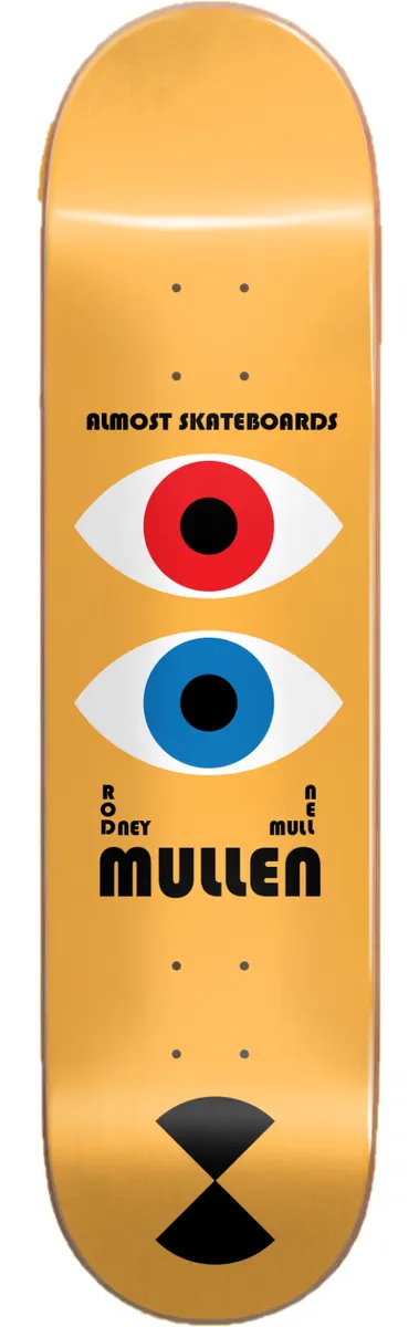 Almost Mullen Bauhaus Impact Pro Light 8.0 skateboard deck: Bauhaus-style poster layout on orange: two stacked eyes, one with a red iris and one with a blue iris, above the name MULLEN in black, with a black hourglass shape at the tail.