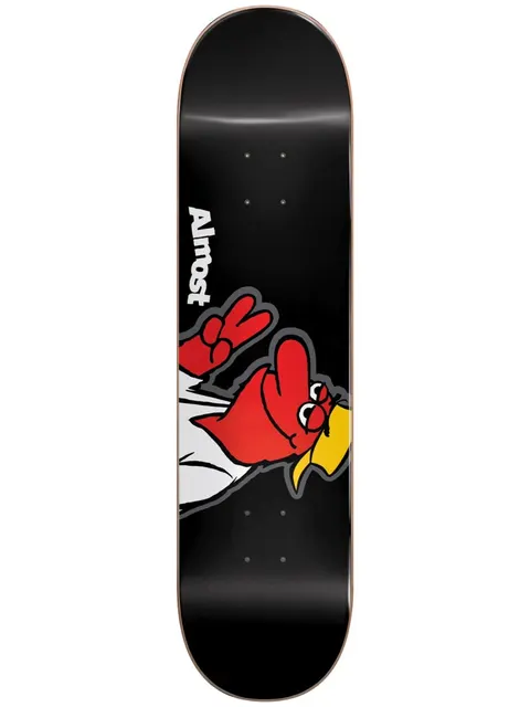 Almost Red Head HYB 8.125 Black skateboard deck: Cartoon red bird with a yellow beak, wearing a white shirt and glasses, raising a hand in a peace sign, on a black deck with the Almost name in white at the top.