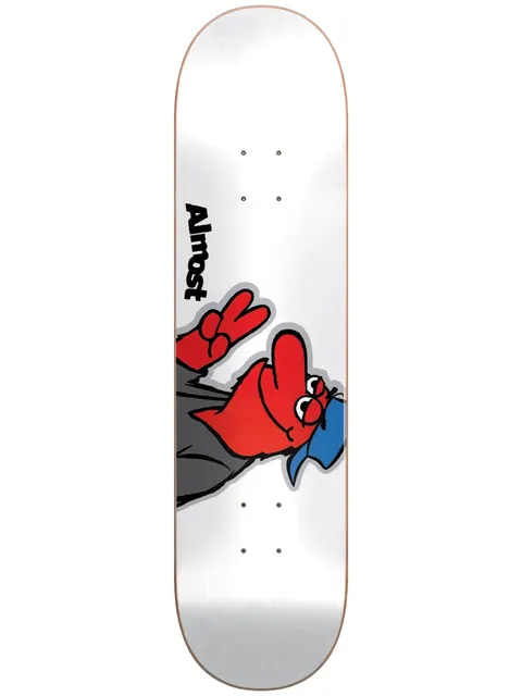 Almost Red Head HYB 8.375 White skateboard deck: Cartoon red-faced character in a blue cap and grey clothing, giving a peace sign and a middle finger, on a white deck with a black Almost wordmark running up the side.