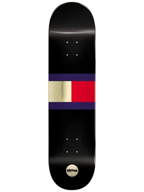 Almost Bowerbank Luxury Super Sap R7 8.0 & 8.25 skateboard deck: Black deck with a central band of navy stripes enclosing a gold foil block and a red block, in the manner of a fashion-label flag. Round gold Almost logo at the tail.