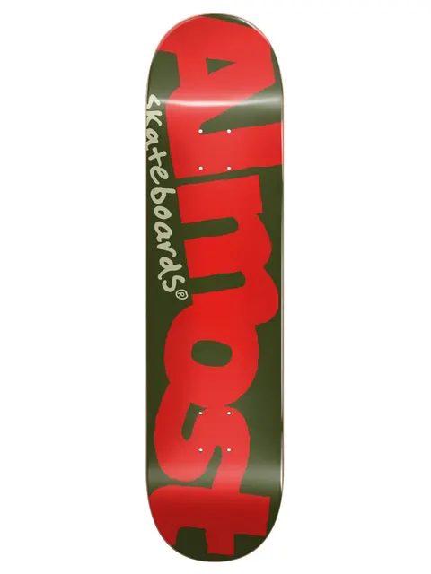 Almost Color Logo Army Dark 8.125 skateboard deck: Dark olive green deck with the Almost logo in large red hand-drawn lettering running the length of the board, and skateboards in small cream script alongside.