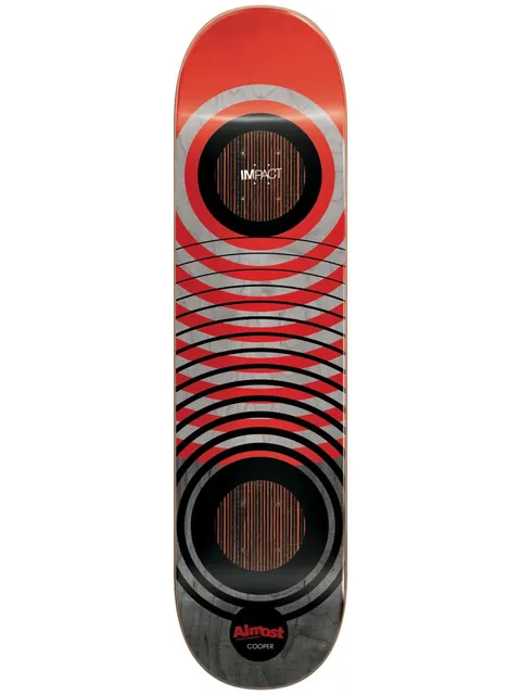 Almost Cooper Red Rings Impact 8.0 skateboard deck: Red and grey deck with concentric black rings around two circles of exposed wood at the bolt areas, and horizontal curved lines between. Red Almost logo and 'Cooper' near the tail.