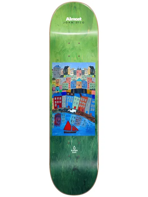 Almost Dilo Places Super Sap R7 skateboard deck: Green stained deck with a naive painting of colourful terraced houses climbing a hillside above a blue harbour, with a red sailing boat and a white van. Almost John Dilo at the top, Super Sap logo at the tail.