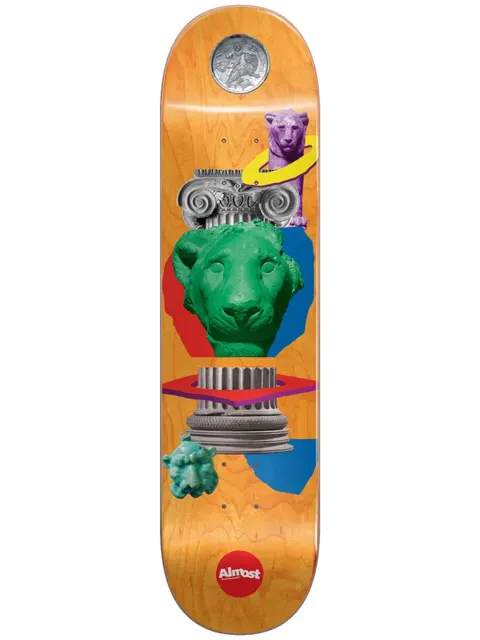 Almost Dilo Relics R7 8.125 skateboard deck: Collage of classical relics on an orange wood stain: a green lion head, grey Ionic columns, a purple lion with a yellow halo ring, a silver coin and a small teal lion mask, with red and blue shapes. Almost logo at the foot.