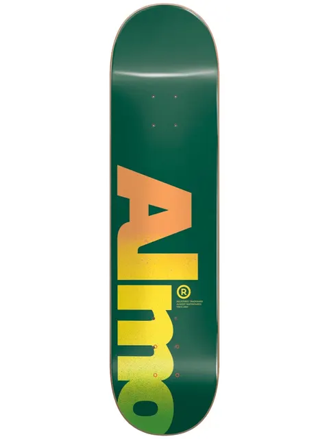 Almost Fall Off Logo Green 8.25 skateboard deck: Dark green deck with the Almost logo in large letters running off the lower edge, shaded from orange to yellow to green, with small registered-trademark text.