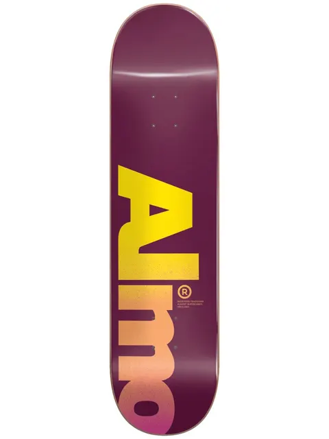 Almost Fall Off Logo Magentta 8.0 skateboard deck: A maroon deck with a very large Almost logo in yellow-to-orange-to-pink gradient lettering running vertically, with registered trademark text in small print beside it.
