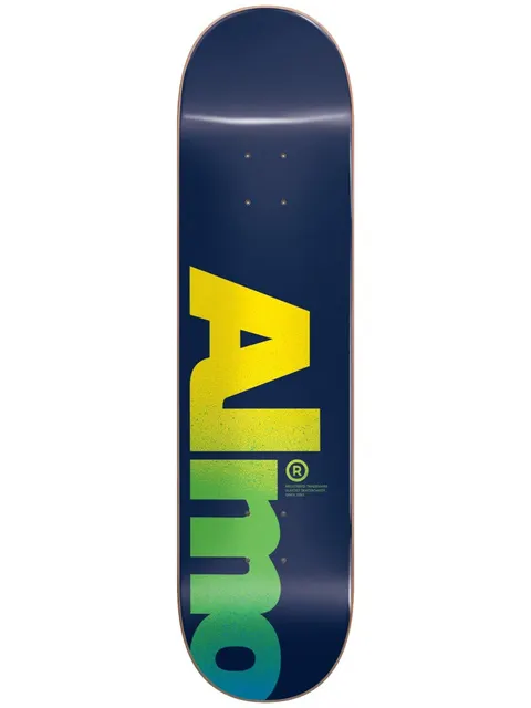 Almost Fall Off Logo Blue 8.5 skateboard deck: A large Almost logo in chunky capital letters running up a navy deck, fading from yellow at the top to green and teal at the bottom, with small registered trademark text.