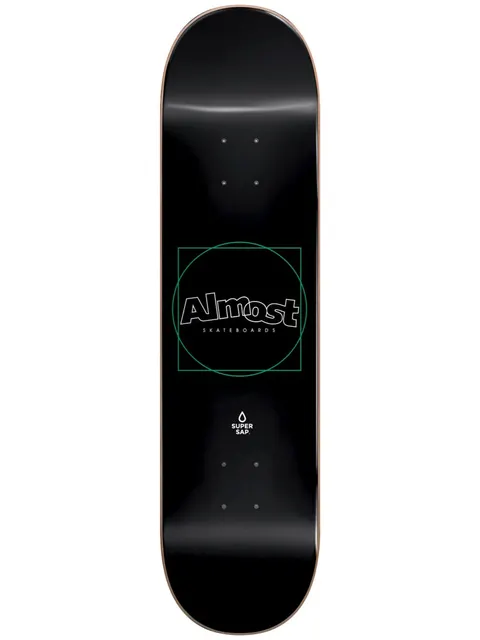 Almost Greener Super Sap R7 8.25 & 8.5 skateboard deck: Plain black deck with a white outlined Almost Skateboards logo inside a thin green circle and square. A small Super Sap droplet badge sits below.