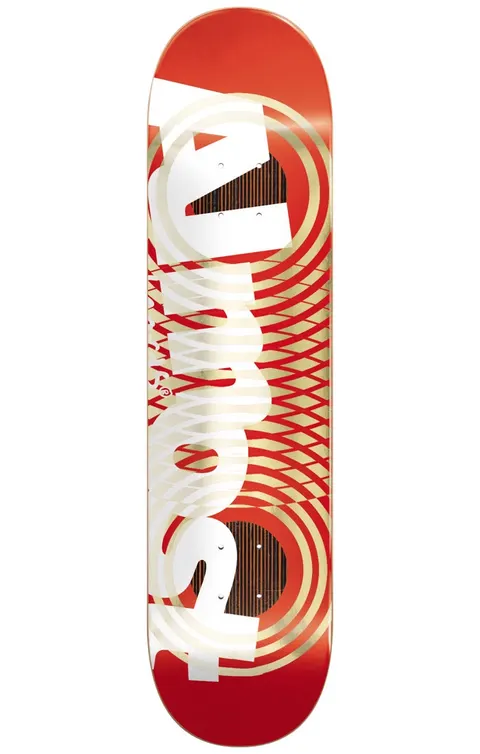 Almost Interweave Rings Impact COOPER 8 skateboard deck: Large white Almost logo lettering running up the deck on a red background, overlaid with gold concentric rings and a woven red-and-gold line pattern. Shiny foil-like finish.
