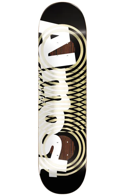 Almost Interweave Rings Impact YOUNESS 8.25 skateboard deck: Large white Almost logo running vertically over concentric cream and gold rings that overlap in a moiré-style interweave. Black background with rings revealing wood-grain circles at both ends.