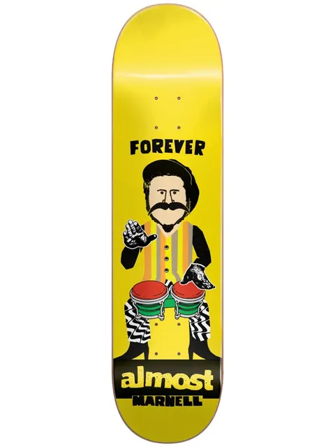 Almost Lewis Forever Dude R7 8.0 skateboard deck: Cartoon of a moustached man in a beret and striped waistcoat playing bongo drums, with black gloved hands and zigzag trousers, on a bright yellow deck.