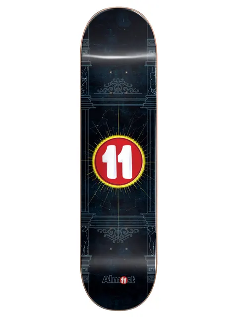 Almost Logo Gronze Collab R7 8.1 skateboard deck: Dark navy deck with faint classical architecture line drawings, ornate flourishes and constellation lines radiating around a red circle with a white number 11 and yellow glow. Almost logo with a red 11 at the bottom.