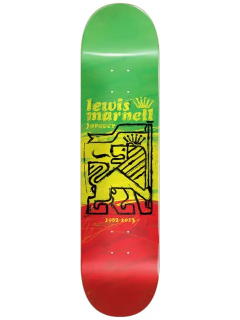 Almost Marnell Painted Lion 8.0 R7 skateboard deck: Tribute deck in rasta green, yellow and red horizontal bands, with a painted crowned lion holding a banner in yellow and black. Lettering above and below commemorates the rider with dates.