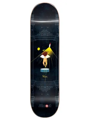 Almost Max Gronze Collab R7 8.25 skateboard deck: Dark navy deck with an ornate architectural frame, and a winged cherub with a halo on a small platform beneath a yellow beam of light, with a rocket above and a yellow moon.
