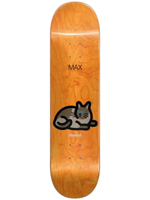 Almost Max Mean Pets Impact Light 8.25 skateboard deck: Orange wood-grain deck with a simple flat icon of a grey and brown cat with blue eyes lying down. MAX is in thin black capitals above it and the Almost logo below.