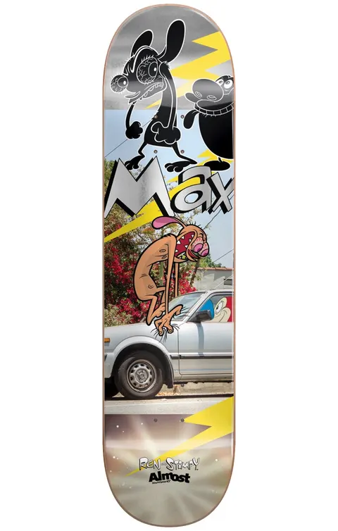 Almost Max Ren & Stimpy Road Rage R7 8.25 & 8.5 skateboard deck: Ren and Stimpy cartoon characters over a photo of a silver car, with Ren crouched on the bonnet, Stimpy at the top and yellow lightning bolts. Max in metallic lettering, with Ren & Stimpy and Almost logos at the tail.