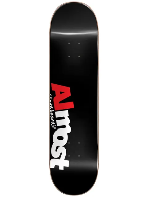 Almost Most HYB 8.25 skateboard deck: Plain glossy black deck with a large Almost logo in chunky letters, the Al in red and most in white, with a small white skateboards script beside it.