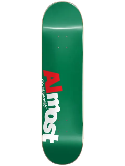 Almost Most HYB 8.5 skateboard deck: Plain green deck with the Almost logo set vertically: 'Al' in red and 'most' in white, with 'skateboards' in small white script.