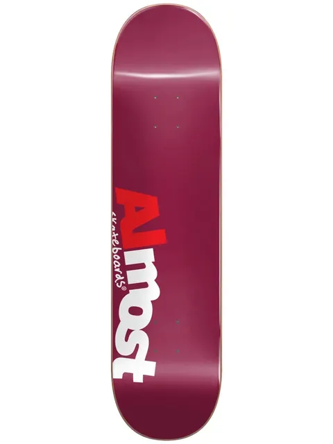 Almost Most HYB 8 skateboard deck: Plain burgundy deck with a large Almost logo in red and white stacked lettering, with 'skateboards' in small script beside it.