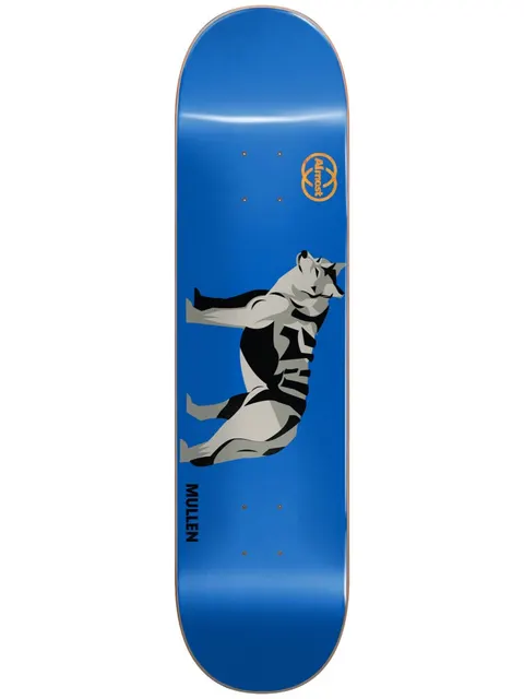Almost Mullen Animals R7 7.75 skateboard deck: Glossy blue deck with a stylised angular grey and black wolf or husky standing side-on, with small gold Almost emblem near the top and 'Mullen' in small black type at the bottom.