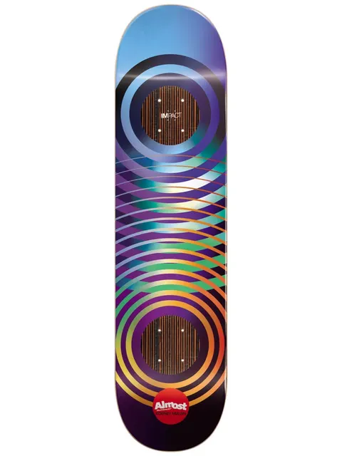 Almost Mullen Gradient Rings Impact 8.25 skateboard deck: Concentric rings around both truck-bolt areas, joined by overlapping ellipses, in a blue to purple to orange metallic gradient. Impact logo at the top and a red Almost circle logo at the tail, with the rider's name below.