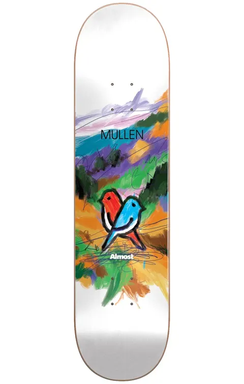 Almost Mullen Mean Pets Paintings Impact Light 8.0 skateboard deck: Loose, expressive painting of a red bird and a blue bird perched side by side in front of colourful hills in purple, green and orange, scribbled with dark lines, on a white deck.