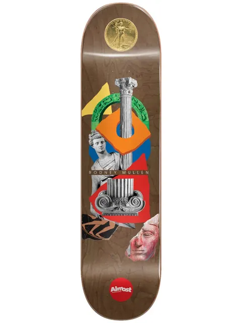Almost Mullen Relics R7 Brown 7.75 skateboard deck: Collage of classical antiquities on a brown deck: a gold coin at the top, a marble statue bust, a fluted Ionic column, a terracotta vase fragment and a pink stone face, with bold orange, red, green, blue and yellow shapes.