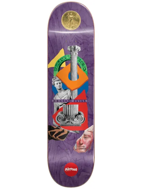 Almost Mullen Relics R7 Purple 8.25 skateboard deck: Collage of classical relics: a marble column and bust, a pink stone face, a vase fragment and a gold coin at the nose, set against bold orange, blue, red, green and yellow shapes on a purple stained deck.