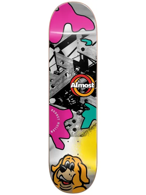 Almost Mullen Silver Lining R7 7.75 & 8.0 skateboard deck: Collage of a black and white photo of steel girders and bolts with bright pink and teal paint blobs, a yellow spray patch and a cartoon orange dog's head at the tail. Almost logo in the centre, Rodney Mullen name on the left.
