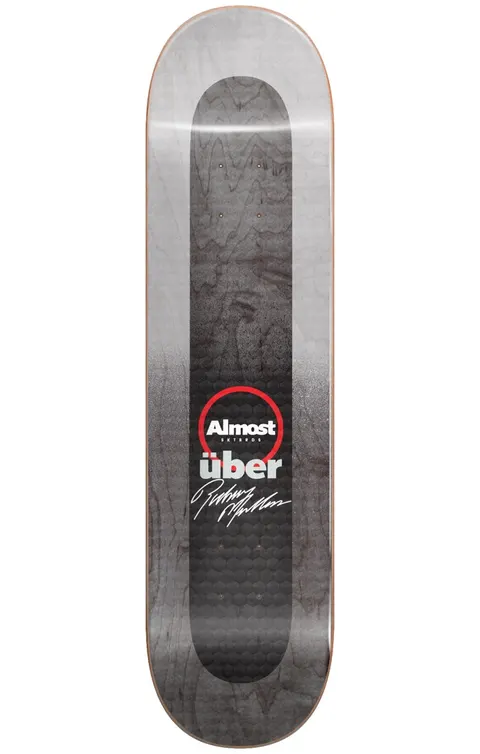 Almost Mullen Uber Fade skateboard deck: Grey to black sprayed fade over the whole deck, with a central stained wood panel, the red-ringed Almost logo, 'über' and a white signature. Honeycomb pattern at the tail.