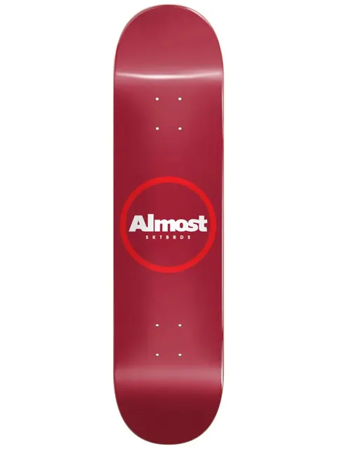 Almost Red Ring Logo 8.25 R7 skateboard deck: Plain deep red deck with the Almost wordmark in white inside a bright red ring, with SKTBRDS beneath.