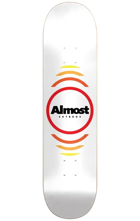 Almost Reflex WHITE 7.75 skateboard deck: A red ring around a black Almost SKTBRDS logo, with concentric arcs fading from red through orange to yellow above and below it, on a plain white deck.